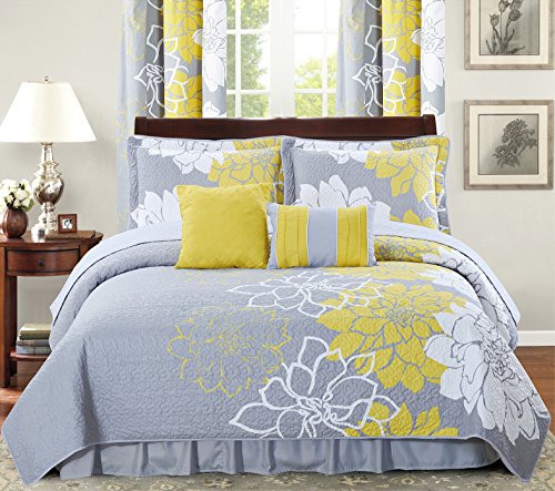 All American Collection New 6pc Flower Printed Reversible Bedspread Set with Dust Ruffle (Cal King Size, Yellow/Grey)