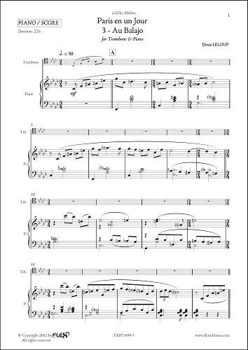 PARTITION CLASSIQUE - Paris en un Jour - 3 - Au Balajo - D. LELOUP - Trombone & Piano