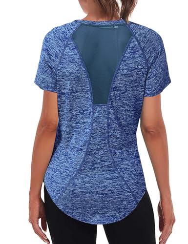 Wayleb Maglietta Sportiva T-Shirt Donna Maniche Corte per Allenamento Estive Asciugatura Rapida T Shirt Palestra Fitness Yoga Running Tee Top Blu Scuro,S
