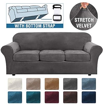 H.VERSAILTEX Modern Velvet Plush 4 Piece High Stretch Sofa Slipcover Strap Sofa Cover Furniture Protector Form Fit Luxury Thick Velvet Sofa Cover for 3 Cushion Couch, Machine Washable(Sofa,Gray)