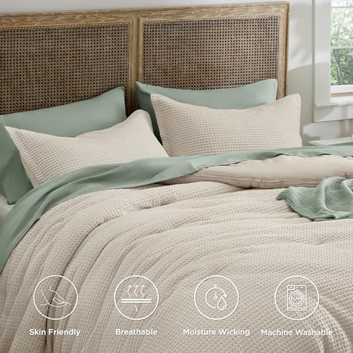 Image of Bedsure Waffle Comforter Set Queen, Beige Soft Bedding, Waffle Weave Bed Set, 3 Pieces, 1 Comforter (90 inchx90 inch) and 2 Pillow Shams, Cotton Shell and Polyester Lining for All Seasons