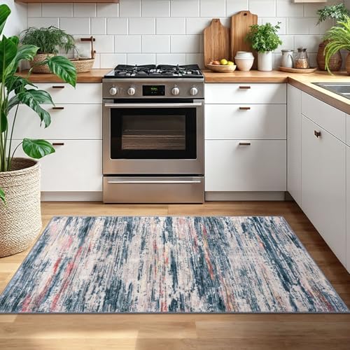 3x5 Teal Blue Peach Gray Multi Modern Abstract Rug for Farmhouse, Super Soft Washable Rug with Non-Slip, Low-Pile Indoor Door Area Rugs for Living Room Bedroom, Living Carpet with Non-Shedding