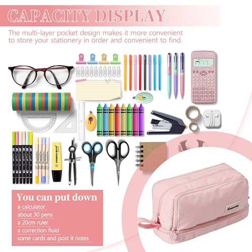 Image of Zzrywuty Pink Large Capacity Pencil Case 4 Compartments,Pencil Pouch with Zipper Portable Handle for Teens Adults Aesthetic Pencil Bag Stationery Organizer Pen Pencil Case with Handle for School