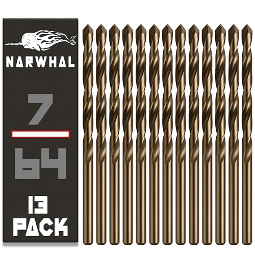 Narwhal 7/64 Inch Cobalt Drill Bits (13 Pack - Industrial Grade M35 Cobalt) 2-3/8 Length & 135 Degree Split Point for Drilling Into Metal Hardened & Stainless Steel Cast Iron & More!