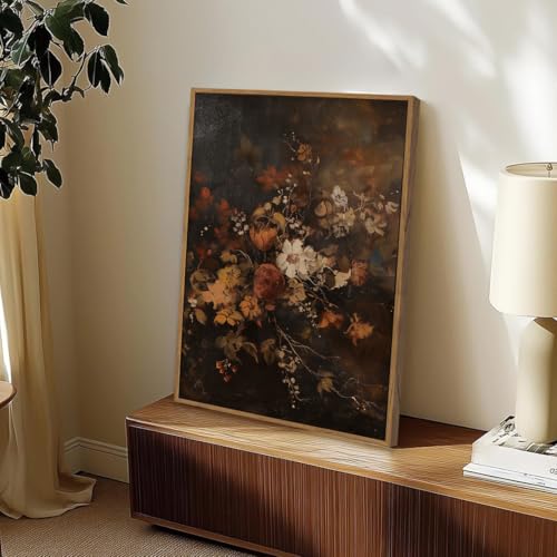 Image of KISSFOX Vintage Framed Wall Art Decor Rustic Floral Pictures Wall Decor Dark Botanical Canvas Art Prints Moody Flowers Paintings Artwork For Bedroom Living Room