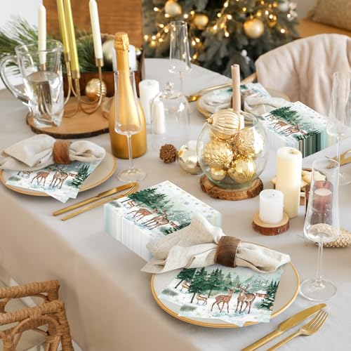 Quera 50 Pack Christmas Paper Napkins 6.5'' x 6.5'' Winter Watercolor Pine Forest Elk Paper Snowflake Dinner Napkin Xmas Party Supplies Reindeer Disposable Napkin for Holiday Party Dinner – Image 5