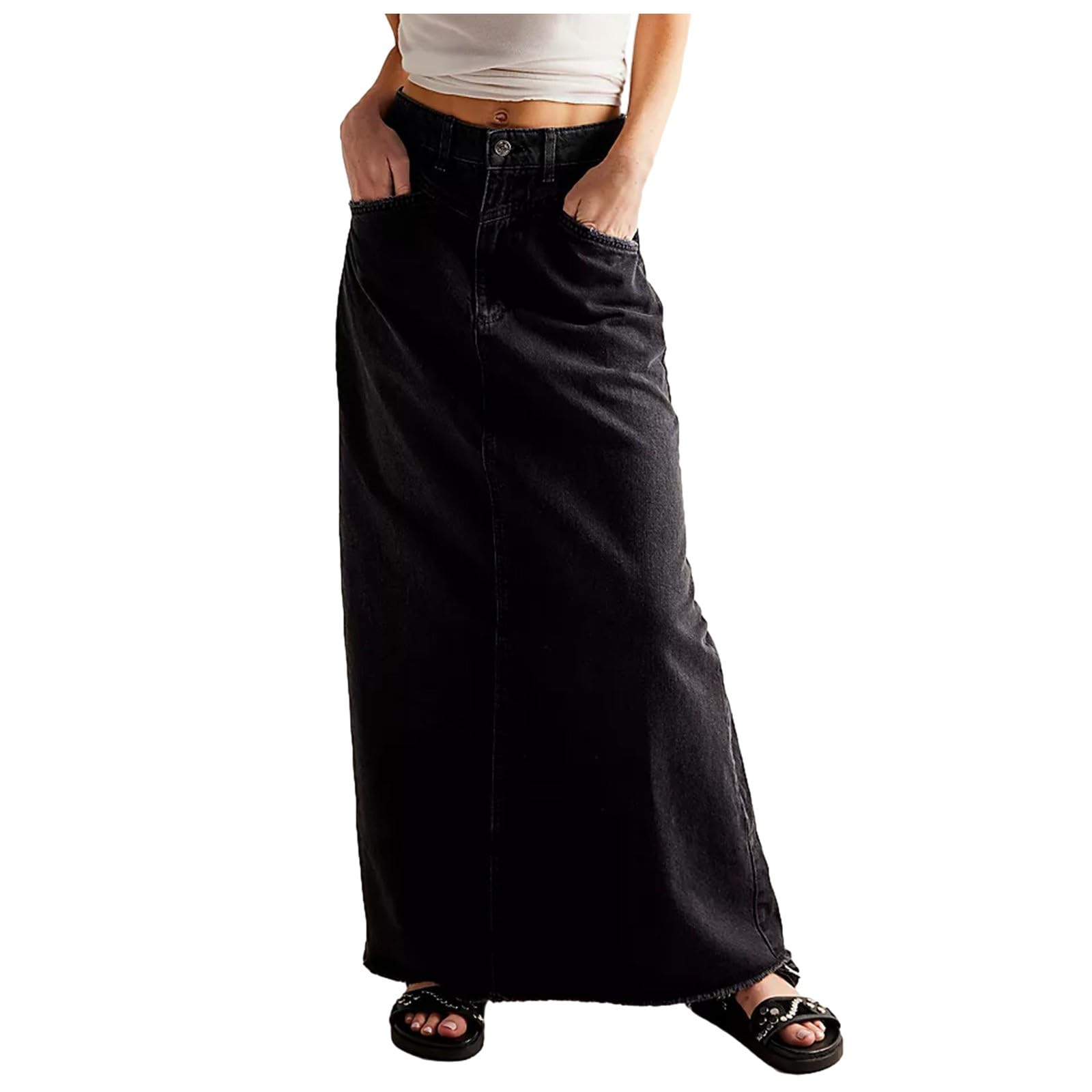 Rosa lichtblauwe zachte denim maxi-rok, lange bescheiden rok over de volledige lengte met zakken, klokvormige rok voor lente/herfst - Nederland