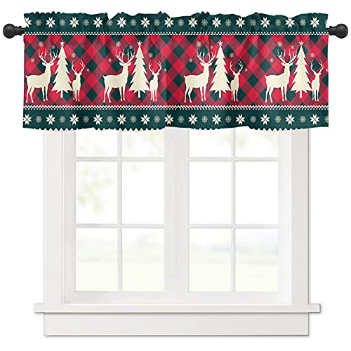 Christmas Valance Curtains For Living Room/Bedroom/Bathroom/Kitchen Window, Rod Pocket Red Xmas Tree Elk Buffalo Plaid Window Valance Tiers Snowflake Small Window Curtain Drape Window Panel, 54X18 #TOP2
