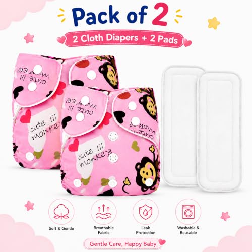 Image of GLUN Adjustable Reusable Baby Cloth Diaper with 2 Absorbent Inserts, Waterproof & Washable Pocket Nappy, Soft Comfortable Fit for Infants and Toddlers, Pink Monkey Print