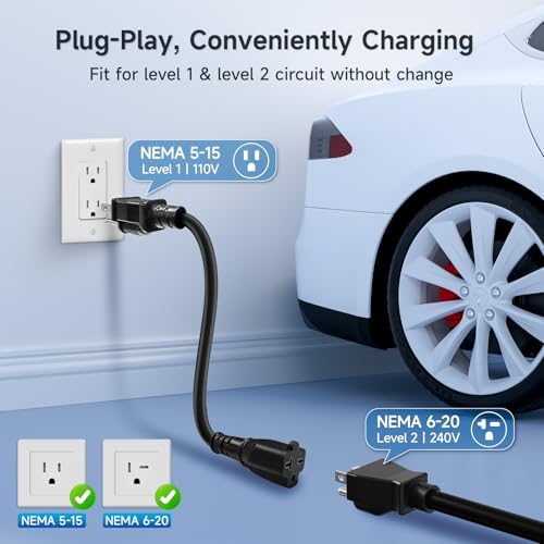 Image of Level 1 Tesla Charger(110V-240V) 16A, Tesla Mobile Charger with NEMA 6-20 Plug&5-15 Adapter, 16.4FT /5M Extension Cord - Portable Electric Car Charger for Tesla Model Y /3 /S /X