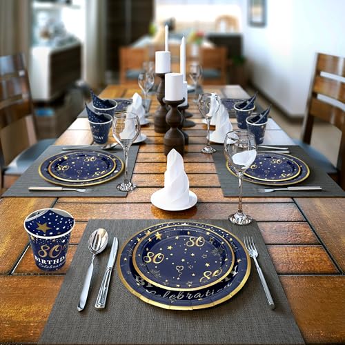 Image of 80th Birthday Decorations Plates and Napkins Blue and Gold, Service for 30, 80th Birthday Party Bundle Includes Navy Blue Plates, Napkins, Cups 80th Birthday Supplies for Men Women