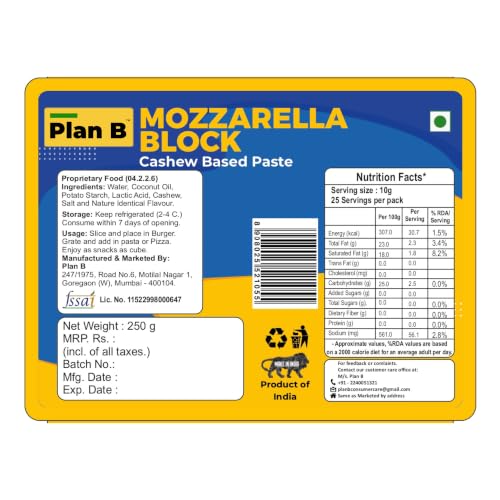 Image of Plan B Plant-Based Mozzarella Cheese Block 250g | Dairy-Free & Lactose-Free | Smooth & Melty Cheese Alternative Made with Cashews | Perfect for Pizza, Pasta & Baking