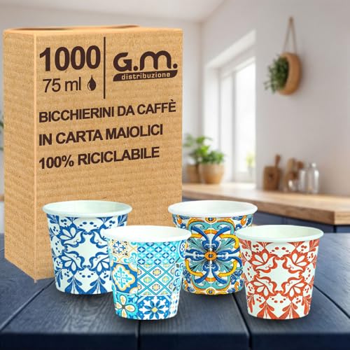 G.M. DISTRIBUZIONE 1000 Pezzi Bicchieri da Caffè in Carta con Grafiche Maioliche, 75 ml, Biodegradabili Biocompostabili, Usa e Getta, 4 Colorazioni, Ideale per Casa, Ufficio, Asporto Bevande Calde