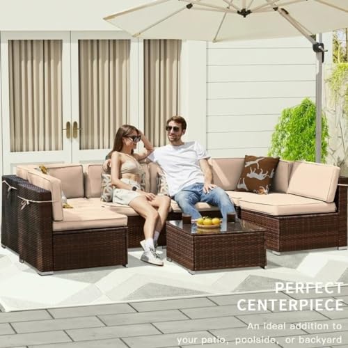 Image of 6 Seater Sofa Patio Furniture Sets, Modular Rattan Outdoor Patio Sectional Furniture Sofa Set, Wicker Patio Conversation Set for Backyard, Deck, Poolside Table with Glass Coffee Table, (Beige)