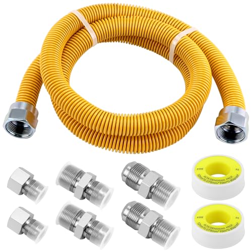 AMI PARTS 48' Flexible Gas Line Kit Yellow Coated, Gas Hose Connector Kit for Dryer, Stove, Water Heater,5/8' OD(1/2' ID) Stainless Steel Gas Line with Connector 1/2' MIP &1/2'FIP & 3/4'MIP Fitting