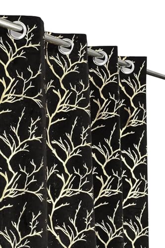 Image of DECORLINE Heavy Velvet Fabric Foil Tree Design Room Darkening and 76% Blackout Curtains for Window 5 Feet, Black, 2 Piece Curtain