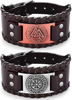 LOLIAS 2Pcs Men's Viking Valknut Norse Leather Bracelet Set Vintage Bracelet Nordic Campass Wide Cuff Genuine Leather Vegvisir Bracelet Gothic Braided Wristband Amulet Jewellery Bracelet for Men