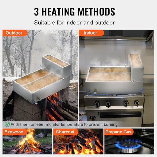 Image of VEVOR Maple Syrup Evaporator Pan, 35 Gal, 36 x 24 x 9.3 Inch Maple Syrup Pan, 304 Stainless Steel Maple Syrup with Thermometer, 2 Valves and 3 Heating Methods, for Home, Outdoor