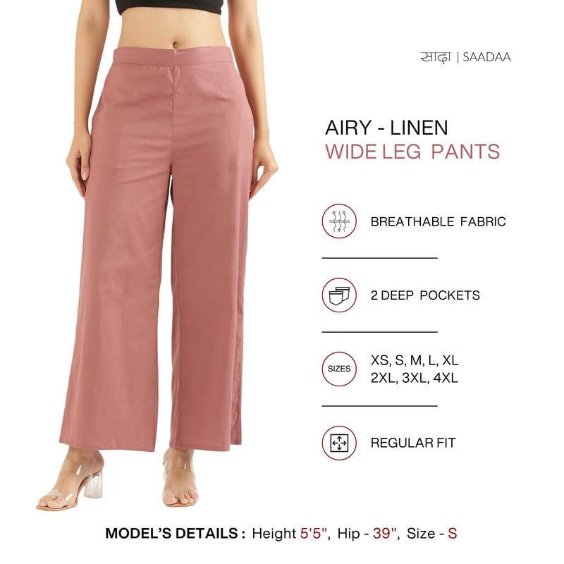 Image of SAADAA Women's Relaxed Fit Mid Rise Airy Linen Wide Leg Pants, High Waist Trousers for Formal, Casual & Office Wear
