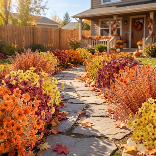 Image of Bassion Artificial Fall Mums for Outdoors Decor, 16 Pcs Fake Fall Flowers | Realistic, faux plants, silk flowers, UV resistant, no fade, outdoor yard porch garden planter window box home autumn decor
