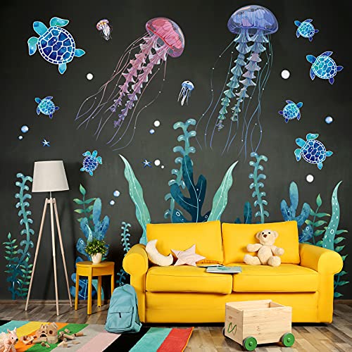 3 Sheets Ocean Wall Decal Jellyfish Fish Sea Turtle Wall Sticker Ocean World Grass Seaweed Wall Stickers Vinyl Removable Under The Sea Decor For Kids Nursery Bathroom Bedroom Toilet (Jellyfish Style) #TOP5