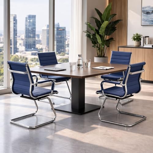 Image of Conference Room Chairs Set of 4, Office Guest Chair with Armrests, Faux Leather Upholstery & Metal Sled Base, Comfortable Meeting Room Chairs for Office /Reception /Conference, Navy Blue