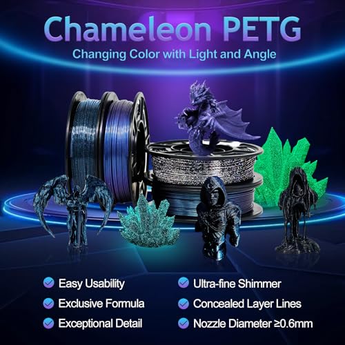 Image of YOUSU 3D Printer Filament Galaxy PETG Filament 1.75mm + /- 0.02mm,Glow in The Dark Laser Chameleon Series 3D Printing Filament Bundle,Multi Color Filament 250g X 4 Color Pack