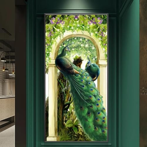 Toile murale paon vert doré 90x180 cm sans cadre pour salon