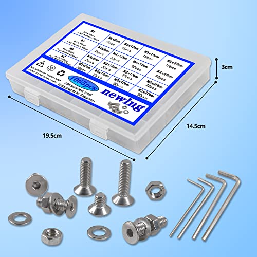 Image of newlng 1065pcs M2 M3 M4 M5 Screws Bolts and Nuts Flat Button Hex Socket Washers Assortment Kit and Wrench Allen Head Machine Screws,for Metal DIY Projects,Tools & Equipment Maintenance
