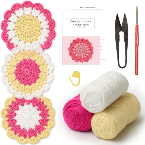 Image of picknMAKE 6 Pcs Floral Crochet Lace Bloom DIY Coaster Kit, Crochet Kit for Beginners, Crochet Yarn Full Kit, Multicolor Decorative Crochet Flower Tea Coasters Craft Kit with All Material Included
