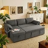 Tbfit 83'' Pull Out Sofa, 3 in 1 Sleeper Sofa Couch with USB & Storage Chaise, Comfy Sofa Bed with Pull Out Bed, Convertible Sleeper Sofas for Living Room, Small Spaces, Dark Gray