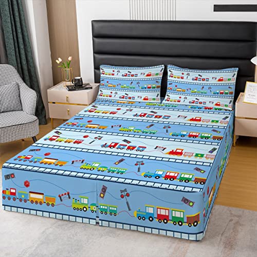 Colorful Train Bedskirt Full,Kids Cartoon Multicolor Vehicles Bed Skirts For Boys,Watercolor Car Bed Skirt Colored Automobile Bus Bedding Decor Rainbow Train Bedroom Decor #TOP25