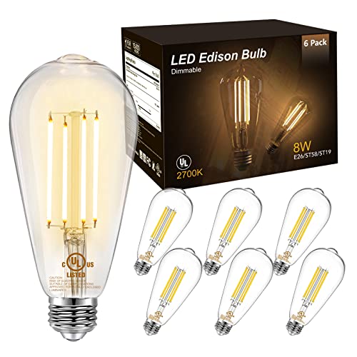 DAYBETTER Vintage LED Edison Bulbs, E26 Led Bulb 60W Equivalent, Dimmable Led Light Bulbs,800 LM Warm White 2700K, ST58 Antique LED Filament Bulbs, Clear Glass Style for Home, 6 Pack