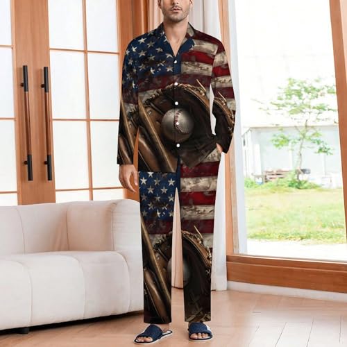 USA Flag Baseball Bat And Ball Print Men Pajamas Set Sleepwear Long Sleeve Pajama Tops And Pants Loungewear PJS2