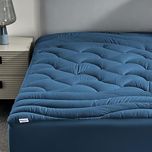 SLEEP ZONE Full Size Cooling Mattress Pad for Double Bed, Premium Zoned Quilted Mattress Topper, Wrap Around Mattress Protector Cover, Machine Wash Durable, Deep Pocket 8-21 inch, Blue, Full
