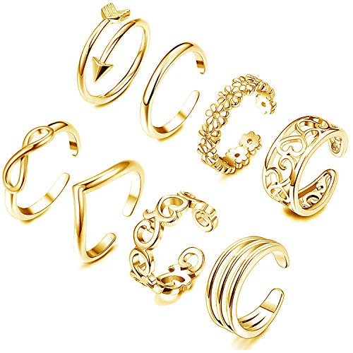 8PCS Open Toe Rings Set for Women Hypoallergenic Adjustable Flower Knot Simple Arrow Fingers Joint Tail Ring Band Sandals Foot Jewelry