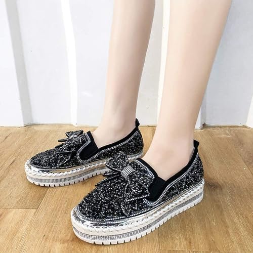 SACFOF Women's Fashion Glitter Slip On Sneakers Rhinestone Bling Platform Walking Shoes Cute Bowknot Sequin Shiny Loafers2