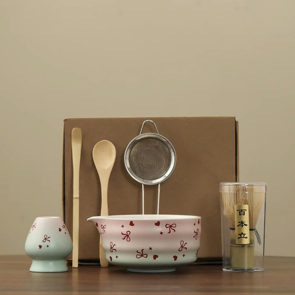 (6 sztuk)/zestaw do herbaty japońska ceramiczna matcha z kokardą w kształcie misia miska do matcha łyżka narzędzia do parzenia herbaty trzepaczka akcesoria do matcha