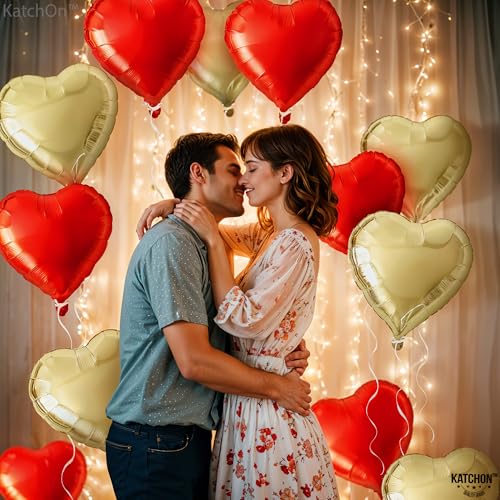 Image of KatchOn, Red and Gold Heart Balloons, 12 Pack, 18 Inch, Foil /Mylar, Helium Supported, Valentine's Day, Adult, Unisex, Love, Balloons