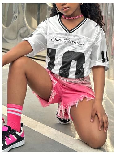 Image of RoseSeek Girl's Oversized T Shirts Letter Number Mesh Jersey Tops Short Sleeve V Neck Drop Shoulder Tees