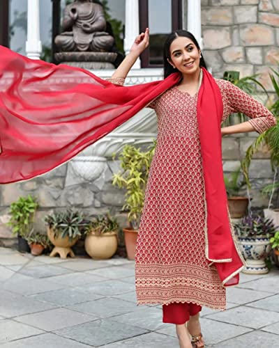 Image of GoSriKi Women's Cotton Blend Embroidered Straight Kurta with Pants & Dupatta (Dumas)