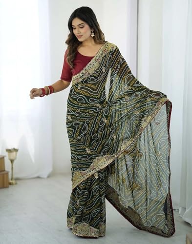 Image of Women's Georgette Bandhani Printed Embroidery Saree with Unstitched Blouse Piece