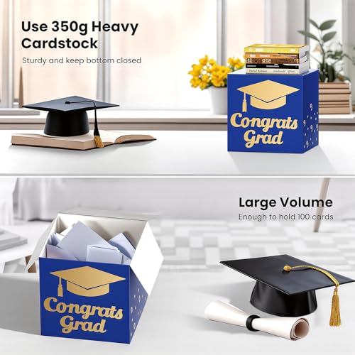 Image of OLANRUN 9 inch Graduation Card Box, Graduation Decorations 2026 - Congrats Grad Foldable Cardstock Money Box for Class of 2026 Grad Party Decor (Blue Gold)