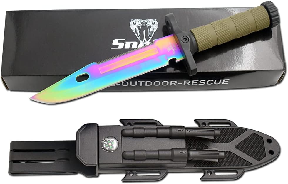 Survival Hunting Knife with Sheath, Fixed Blade Tactical Bowie Knife with Sharpener & Fire Starter for Camping, Outdoor, Bushcraft (Rainbow 5240-2)