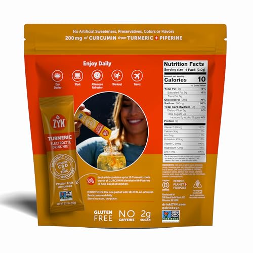 ZYN Electrolyte Drink Mix Hydration Packets, Passion Fruit Electrolytes Powder, Hydration Packets w/Turmeric Curcumin, Vitamin C & D, Zinc, Hydrate... - Image 3