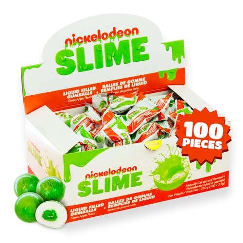 Nickelodeon Slime Liquid Filled Gumballs by Bubblegum Kids | Green Apple Flavor 100 Count | Gelatin Free Gum Natural Colors & Flavors | Display Packaging Individually Wrapped