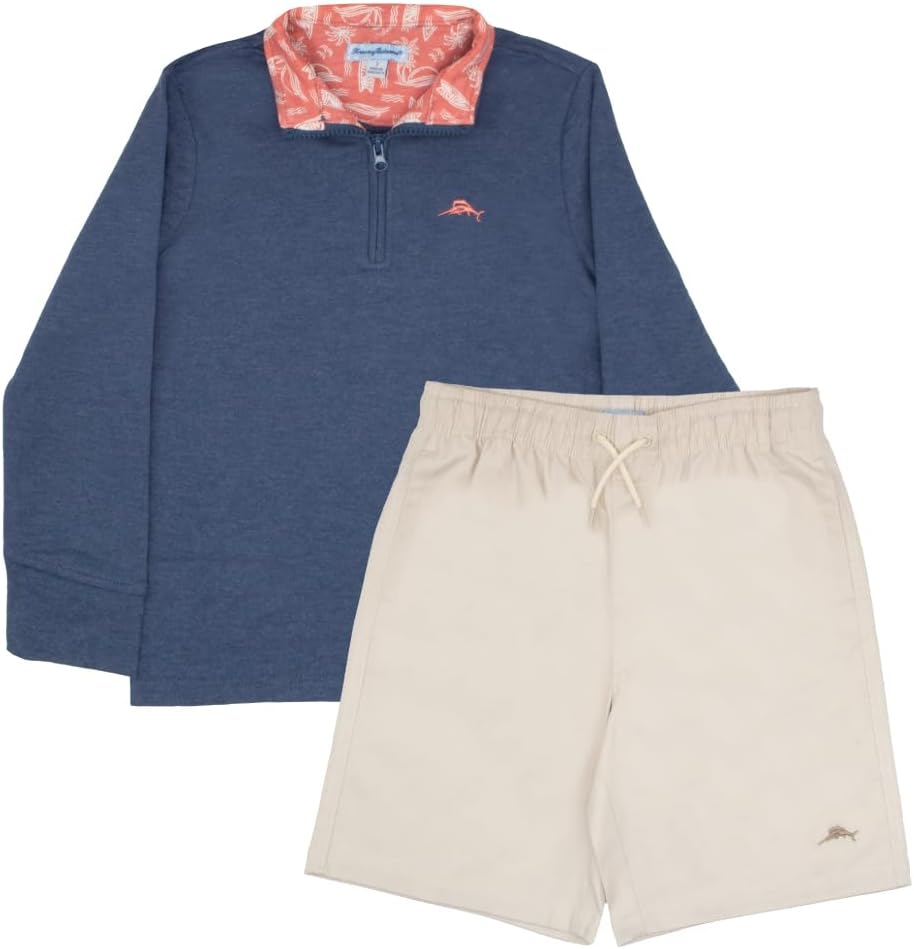 Tommy Bahama Boys Pullover Quarter-Zip Long-Sleeved Sweater & Shorts Set, Casual 2-Piece Back to School Outfit for Kids