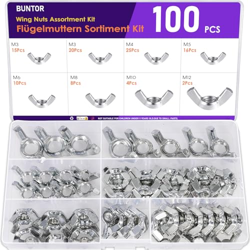 100 Stücke Flügelmutter, BUNTOR Kohlenstoffstahl Flügelmuttern Sortiment Kit, M3/M4/M5/M6/M8/10/M12 Schmetterlingsmutter für Heimwerker DIY Tools, Elektronische Geräte