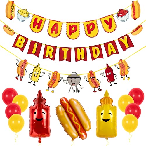 Pirese Hot Dog Birthday Decorations Hot Dog Party Decorations with Pre-Strung Happy Birthday Banner Hot Dog Balloons Picnic BBQ Birthday Party Supplies Hot Dog Birthday Party Decorations