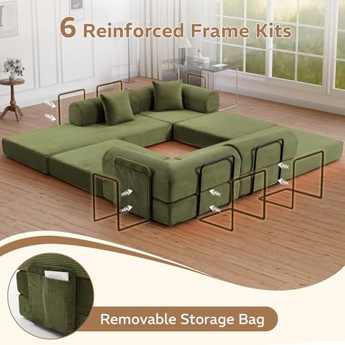 Image of 142 inch 7-in-1 Convertible Modular Sectional Sofa Bed, Green | Corduroy Fabric, Reinforced Frame, Deep Seat, Storage Bag, Tool-free Assembly for Living Room